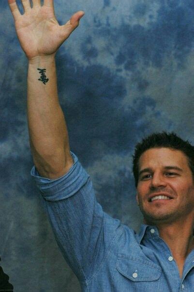 ok so although david boreanaz has chinese symbols tattooed on both wrists (i think one on his right two on his left though i may have that the wrong way), is it just me, do we only ever see booth with the one tattoo on the right wrist - im just curious if anyone else noticed knew why and answer in the Bones club. . David boreanaz wrist tattoo